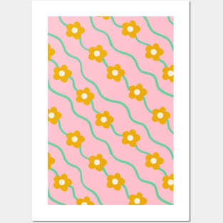 Wavy ditsy floral pattern in pink and mustard yellow Posters and Art